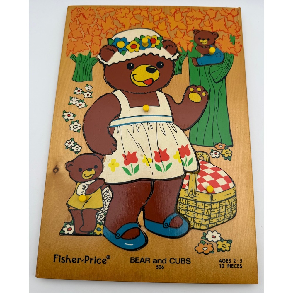 Vintage Fisher Price Wood Tray Puzzle Bear and Cubs 506 Made in Holland 1971-72